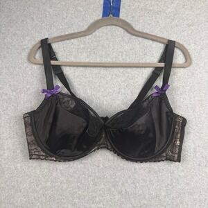 Cacique Bra Womens 42DD Black Satin Lace Underwire Purple Bows Romantic Boudoir